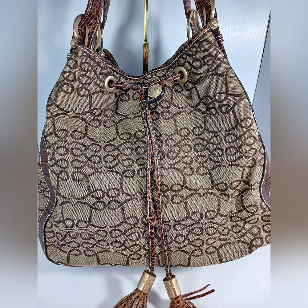Lancel Canvas Monogram / leather brown crocodile bucket handbag - Picture 4 of 13